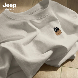 Jeep吉普猫咪趣味重磅纯棉短袖t恤男款2026春季简约宽松百搭半袖