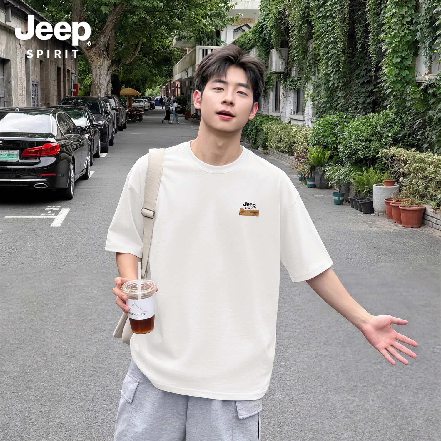 Jeep吉普白色通勤重磅纯棉短袖t恤男款2026新款青少年休闲五分袖