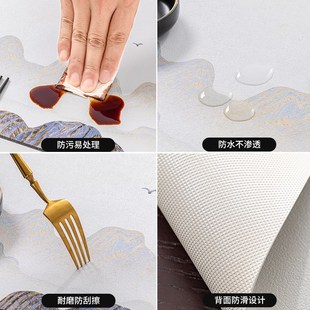 水墨风皮革边柜垫布桌布防水防油家用P轻奢免洗电视柜垫布 新中式