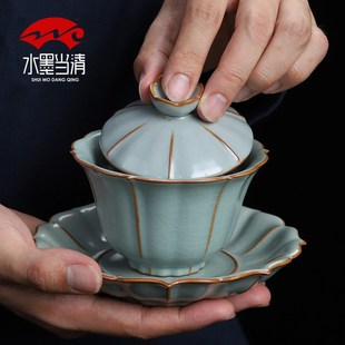 台湾柏韵汝窑三才盖碗茶杯大号单个泡手工茶碗冰裂纹陶.瓷功夫茶