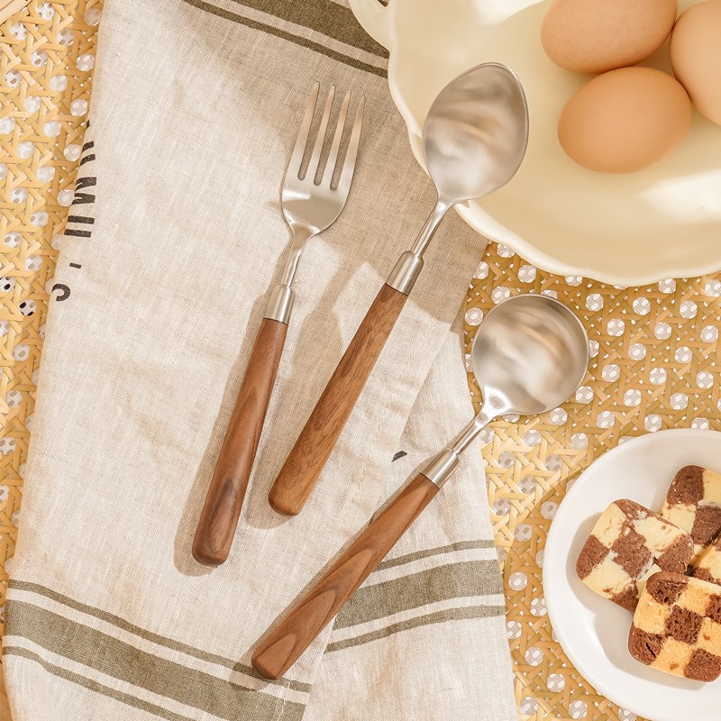 木柄叉勺组合不锈钢勺子家用高档精致304叉子高颜值网红吃饭餐勺