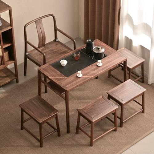 新中式阳台小型茶桌家用茶台乌金木原纯实木喝茶桌椅组合2024新款