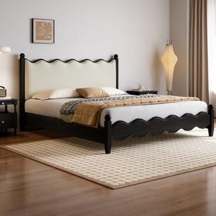 黑色涟漪床简约复古主卧双人实木床白蜡木真皮软包床小户型储物床