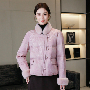 新中式国风鹅绒羽绒服女2025冬季新款提花刺绣水貂袖皮草外套短款