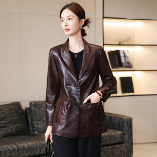 轻奢风真皮皮衣女中长款西装领收腰显瘦高级感外套单排扣棕色翻领