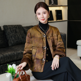 新中式国风鹅绒羽绒服女2025冬季新款提花拼接水貂毛皮草外套短款