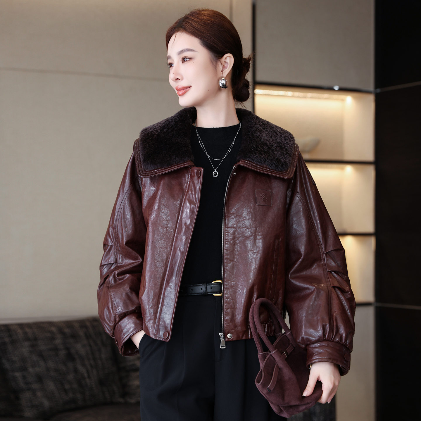 复古羊羔毛领真皮羽绒服皮衣外套