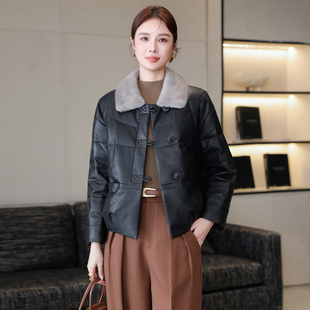 海宁真皮羽绒服皮衣女短款冬季水貂毛领绵羊皮夹克新款黑色外套