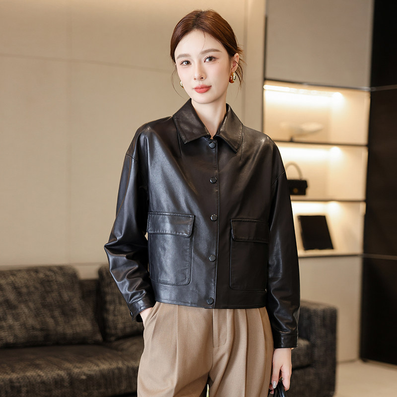 海宁2025春秋新款真皮皮衣女短款绵羊皮夹克外套休闲百搭时尚衬衫