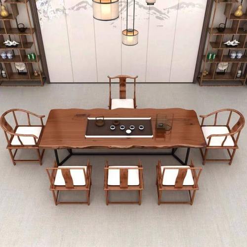 新中式茶桌椅组合实木铁艺自然边大板茶台简约现代长方形原木茶桌