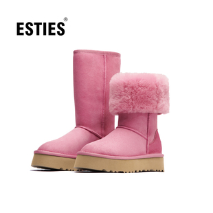 ESTIES/艾思缇斯厚底粉红色翻毛雪地靴女冬季毛绒厚度高筒5815