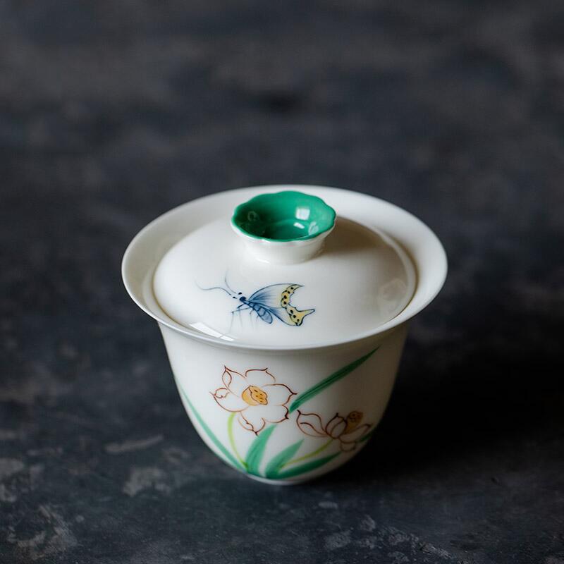 白瓷纯手绘花香引蝶盖碗茶杯单个家用陶瓷高端防烫茶碗泡茶器单个