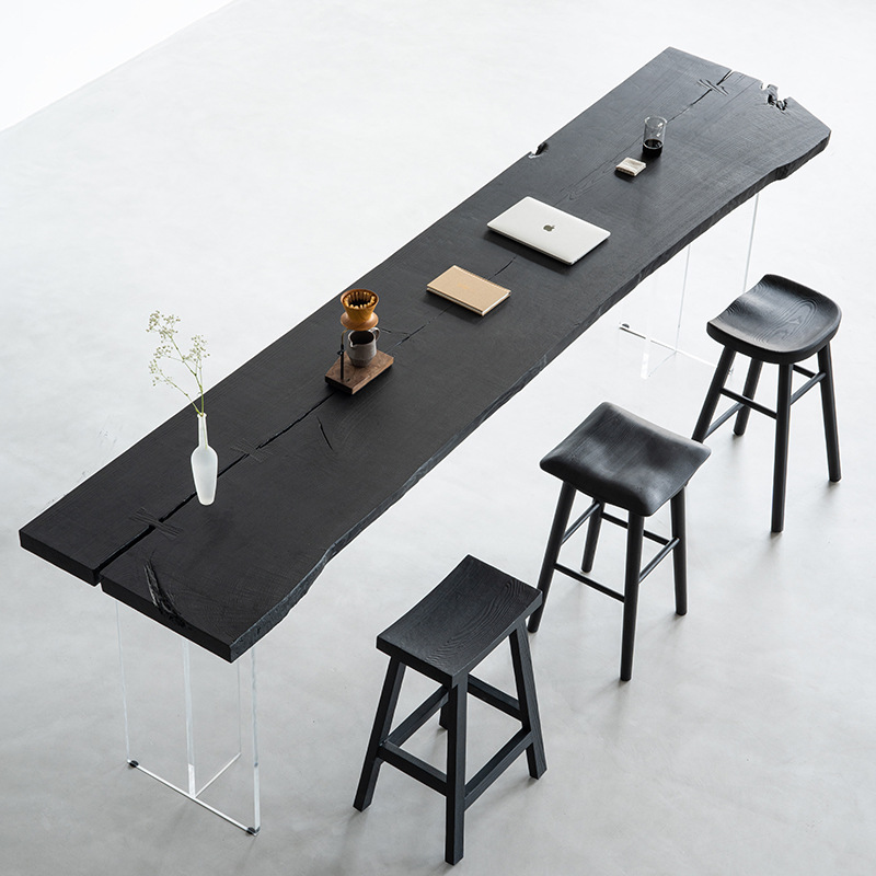 简约现代碳化黑色白蜡木实木茶几桌家用创意设计不规则酒吧长条桌