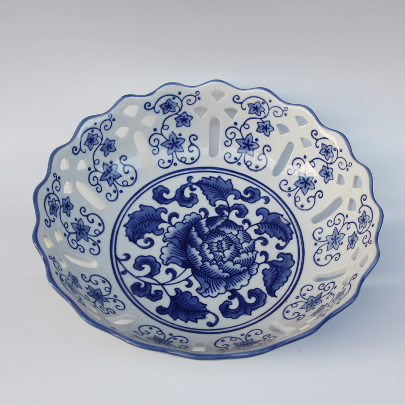 中式陶瓷茶点盘果盘家用客厅茶几简约点心盘酒店青花瓷水果盘