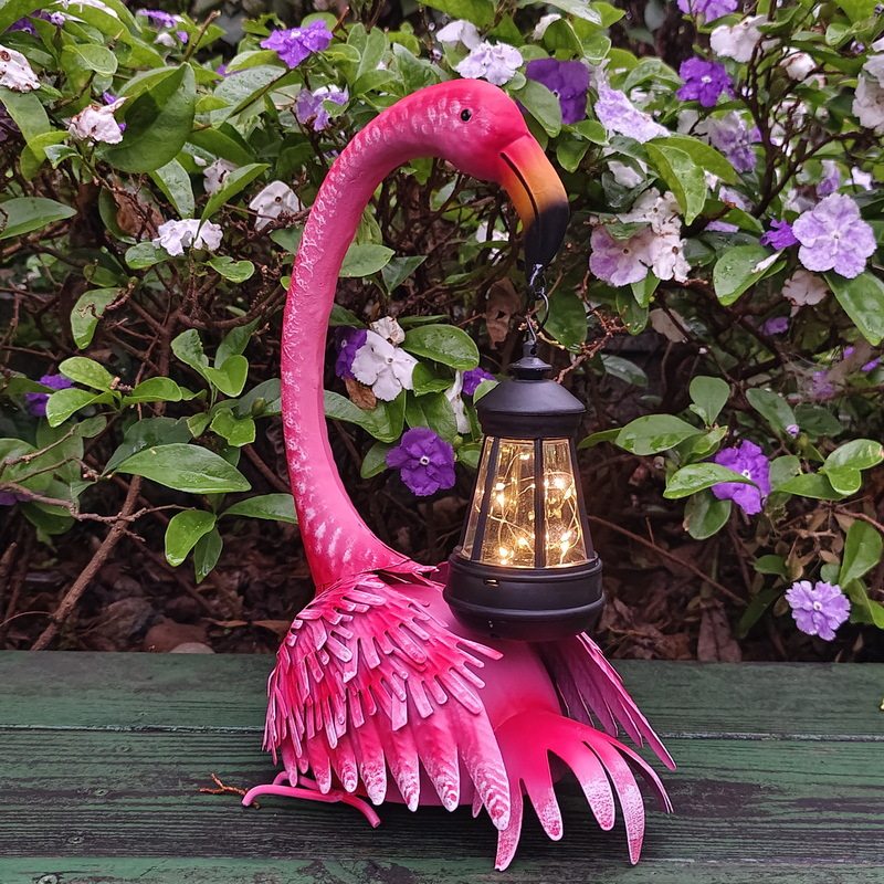 花园铁艺摆件园林景区动物园游乐场布景带灯火烈鸟落地金属工艺品