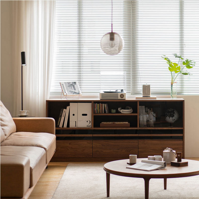 北欧边柜落地组合黑胡桃木书架书柜多功能樱桃木收纳储物带玻璃门