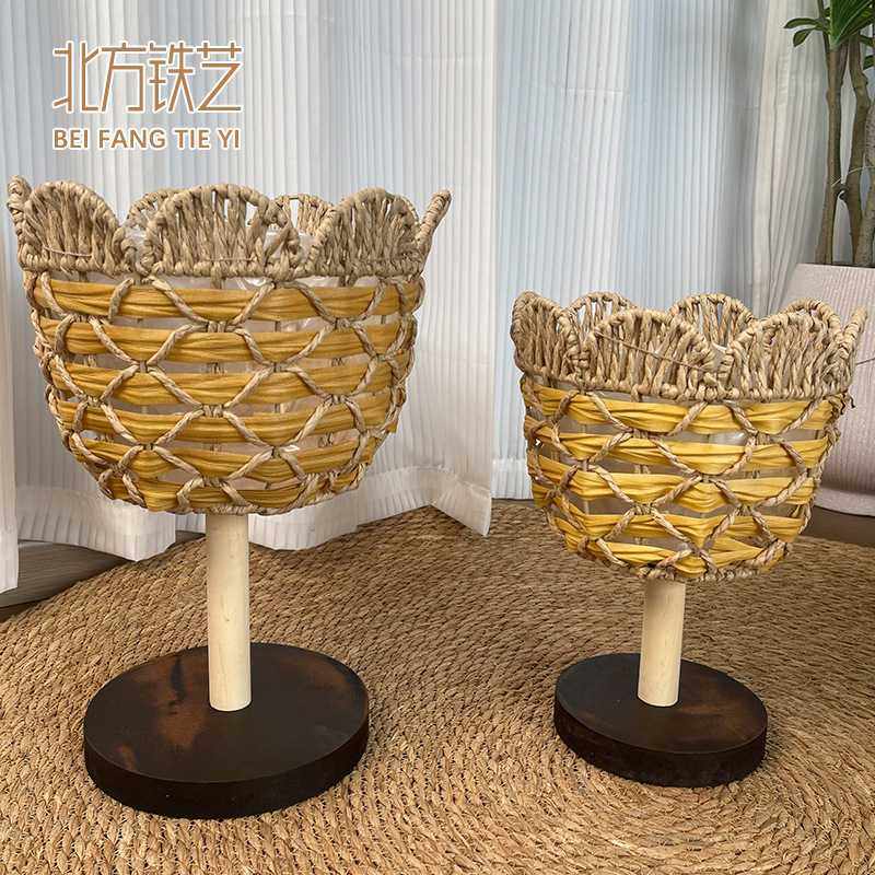 北欧风格创意藤编草编花篮木质高花架落地式室内客厅装饰绿萝花盆