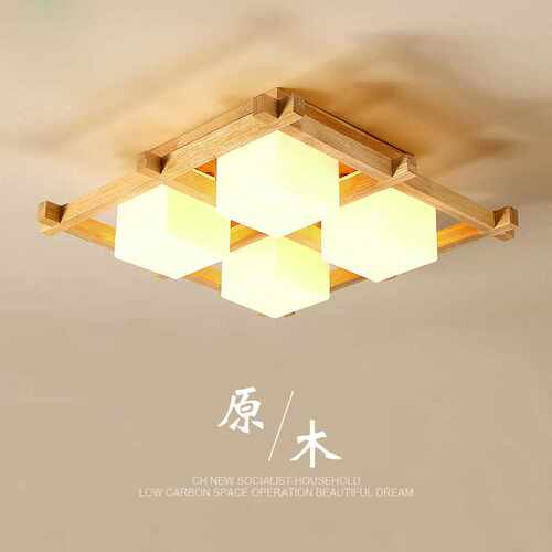 现代简约新中式日式木艺吸顶灯正方形木艺led吸顶灯卧室客厅灯具