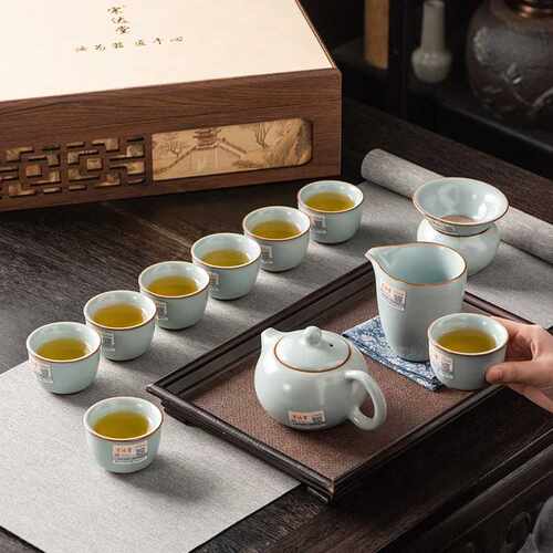 宋达堂轻奢天青汝窑功夫茶具套装商务礼品高档大师手作西施石瓢壶