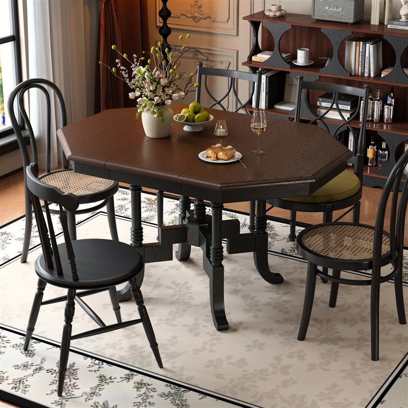 朝朝木木 法式实木伸缩餐桌美式可变长桌南洋覆古风小户型圆桌