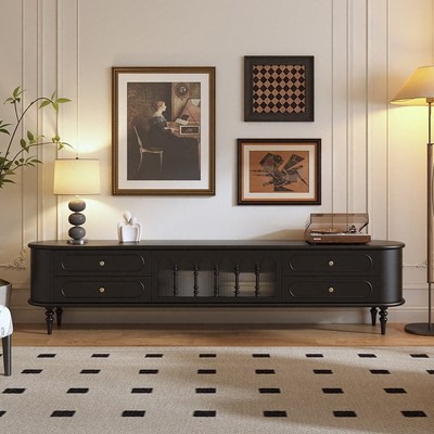 法式复古电视柜客厅实木中古风黑色高款电视机柜2米4家用美式地柜