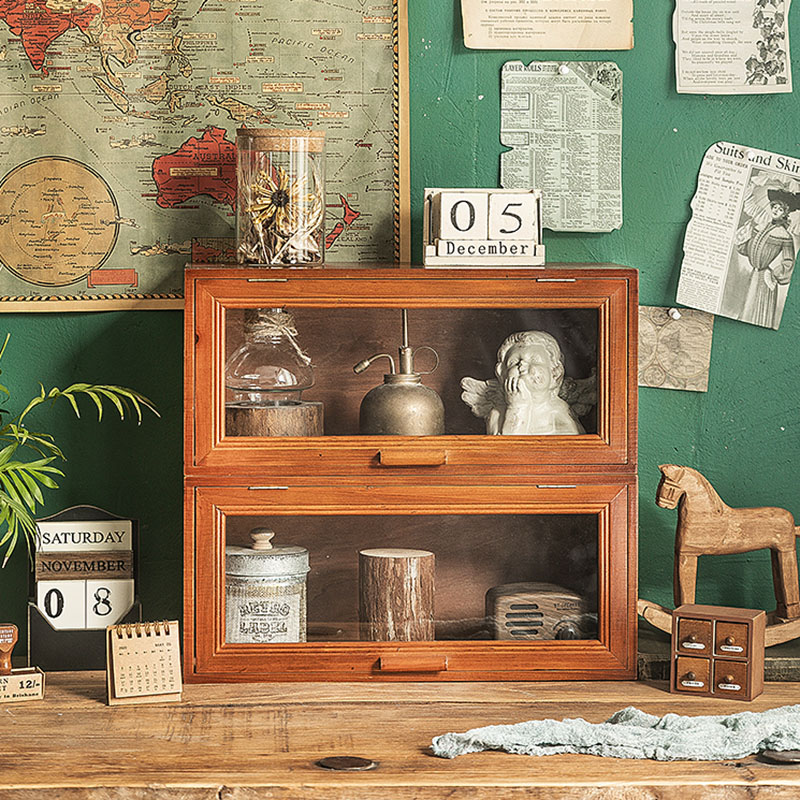 复古木质茶具收纳柜桌面化妆品玻璃展示柜杯子防尘整理茶杯收纳盒