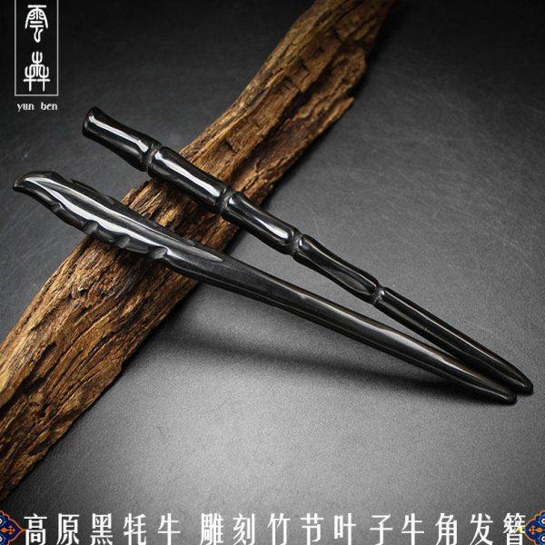 云犇发簪牛角簪子男女盘发挽发手工雕刻高原黑牦牛简约素簪发簪子