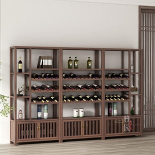 新中式 组合酒架实木红酒柜榆木博古酒庄酒窖带灯展示架隔断柜定做