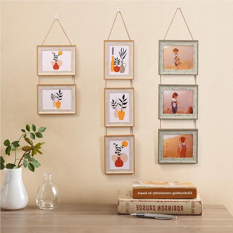 麻绳挂墙相创意A6寸7寸4相片二无D连三框联组框合照片墙沙发后装