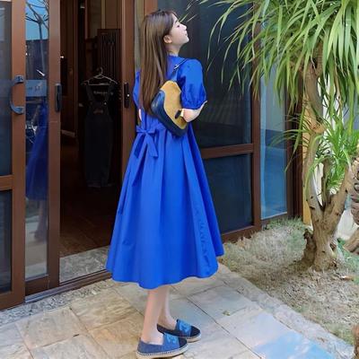 张杰演唱会穿搭蓝色连衣裙女夏季新款小个子显瘦百搭中长款a字裙