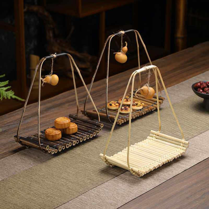 竹制船型花器 茶道配件摆件 竹制茶杯架竹子架子手提竹排点心托盘