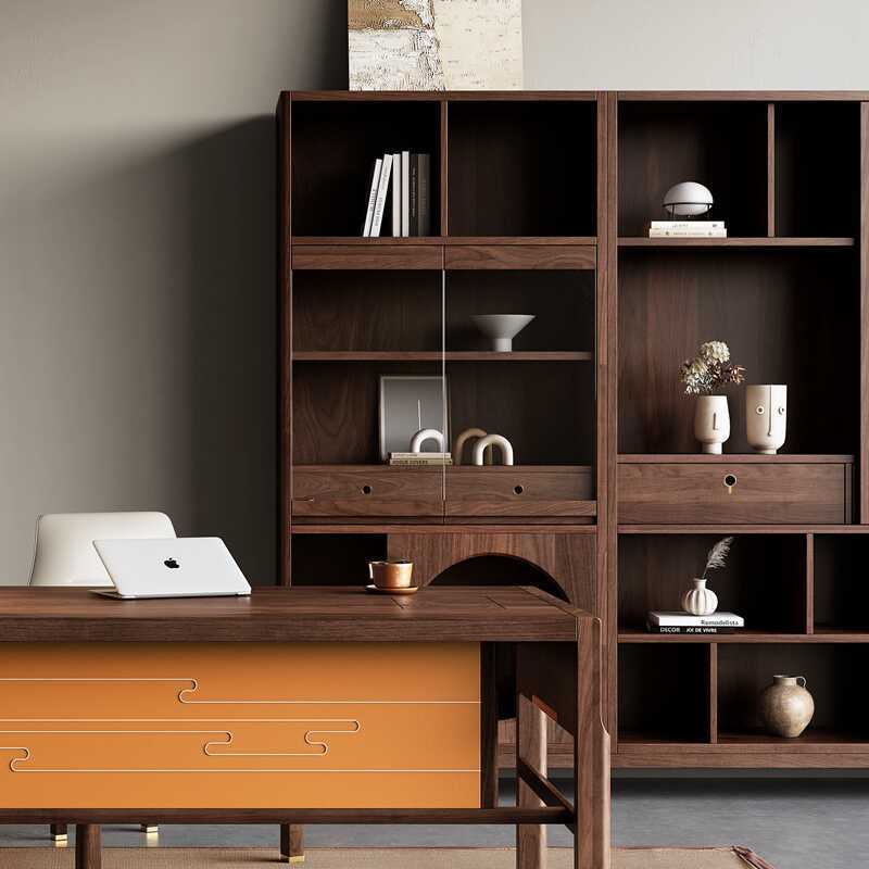 北美黑胡桃木办公书柜组合新中式简约实木书房落地书架家用储物柜