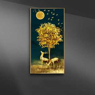 轻奢入户玄关麋鹿镶钻晶瓷画竖版装饰画走廊过道壁画简约现代挂画