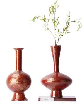 宋氏美学新中式禅意红色描金陶瓷花瓶插花花器书柜博古架书房饰品