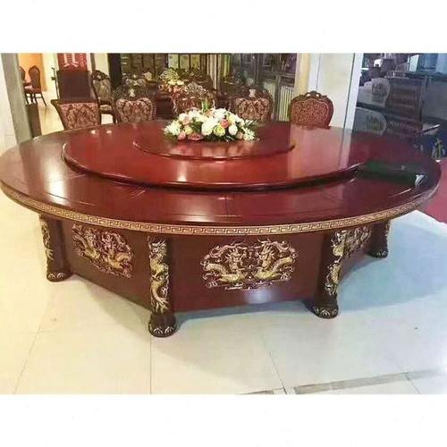 酒店实木半雕全雕音乐喷泉电动大圆桌饭店商用15人新中式火锅餐桌