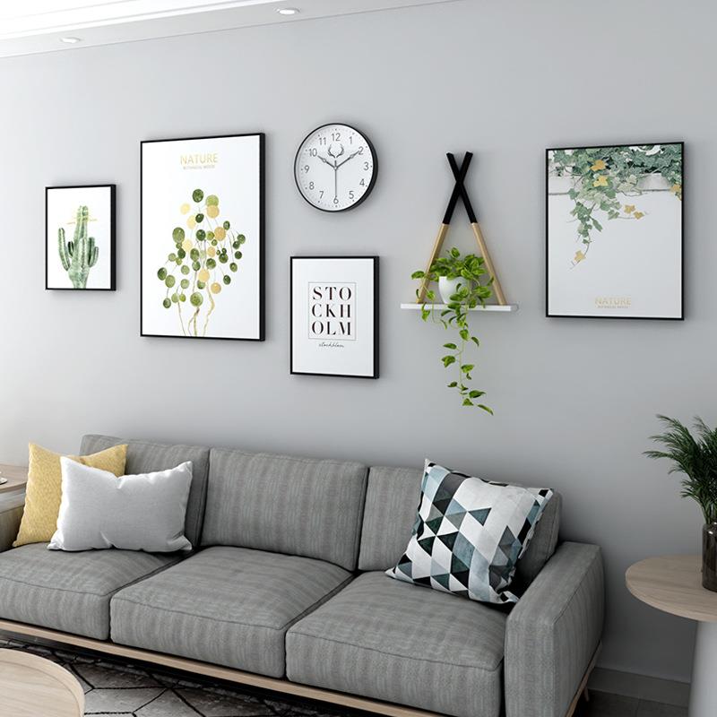 北欧绿植风油画布装饰画钟表组合餐厅沙发背景墙面挂画组合