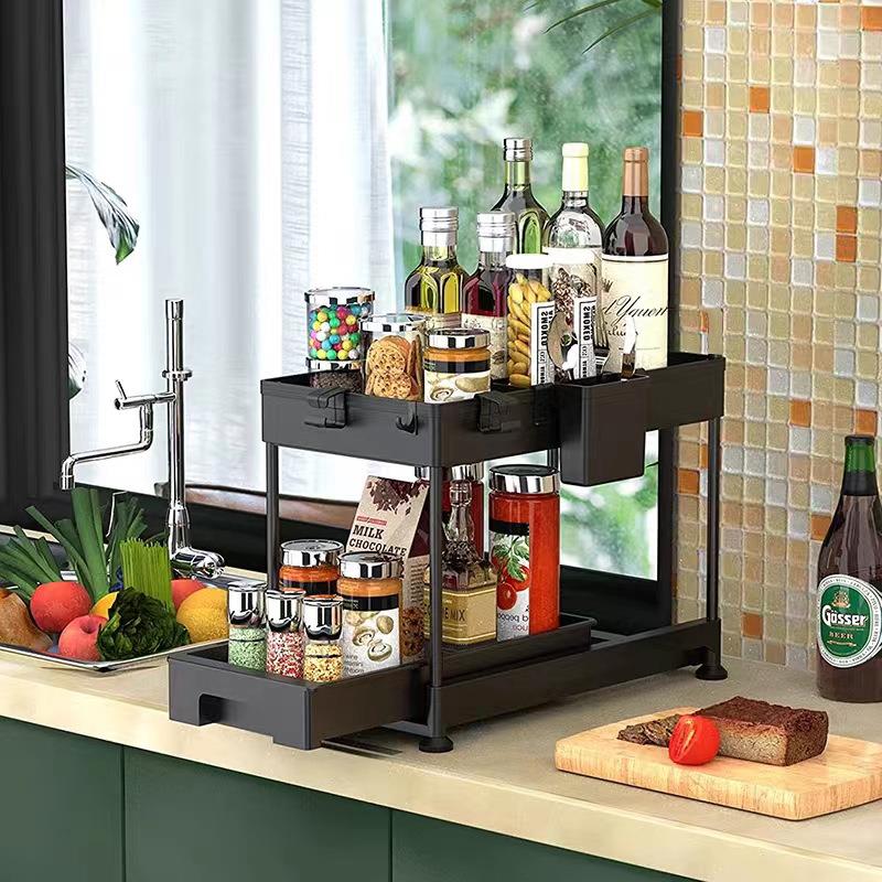 双层落地抽拉水槽置物架家用橱柜厨房多功能调料置物架抽屉式收纳