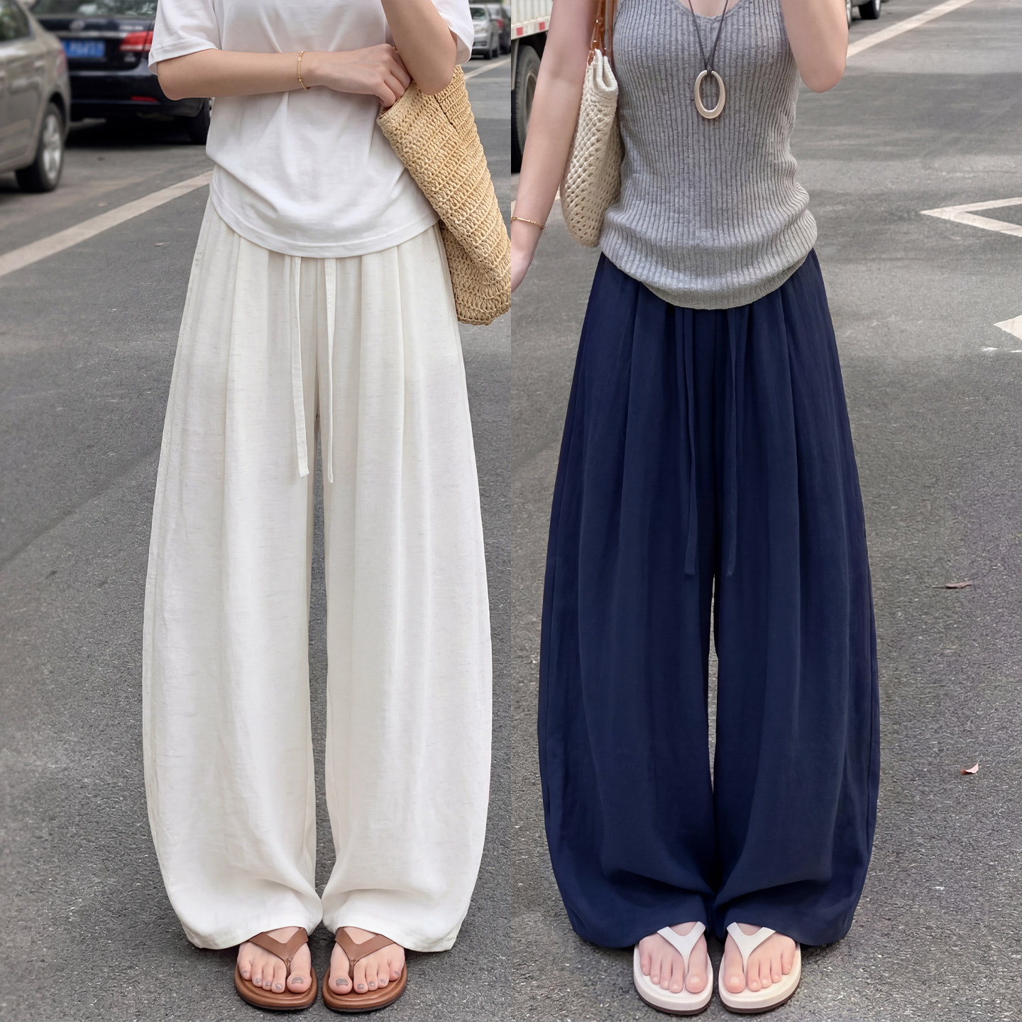 藏青色天丝亚麻裤子女夏薄款2026新款垂感直筒拖地休闲棉麻阔腿裤