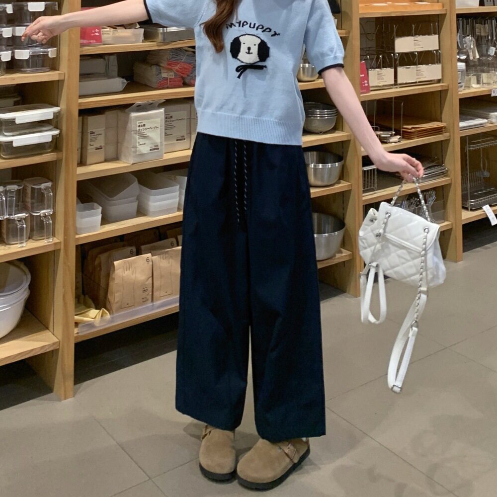 藏青色抽绳休闲裤女春夏季2026新款运动宽松显瘦阔腿九分直筒裤子