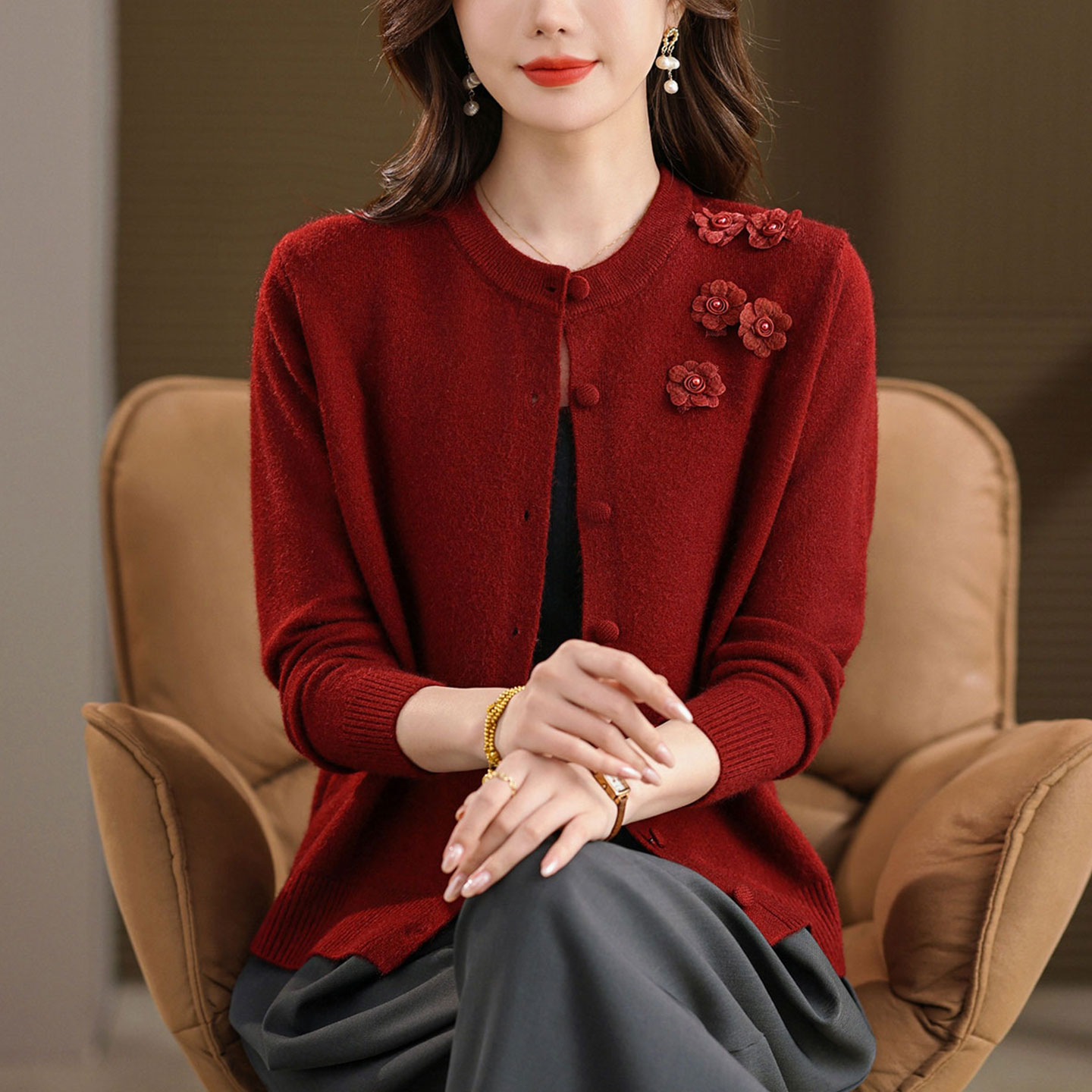 圆领针织开衫毛衣外套女