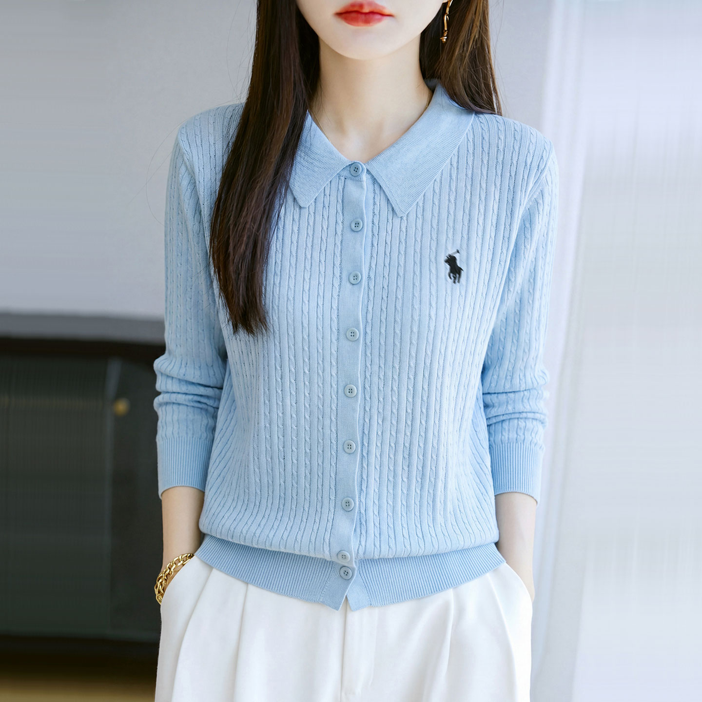 翻领针织开衫毛衣外套女