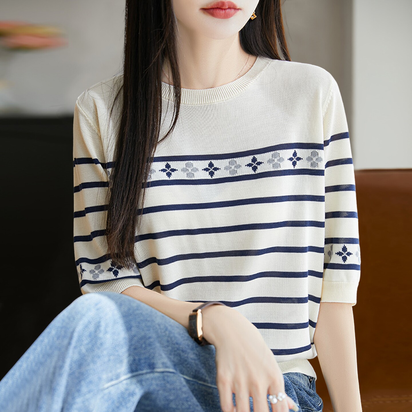 2026新款条纹绣花针织短袖t恤女夏季薄款冰丝针织衫大码女装上衣