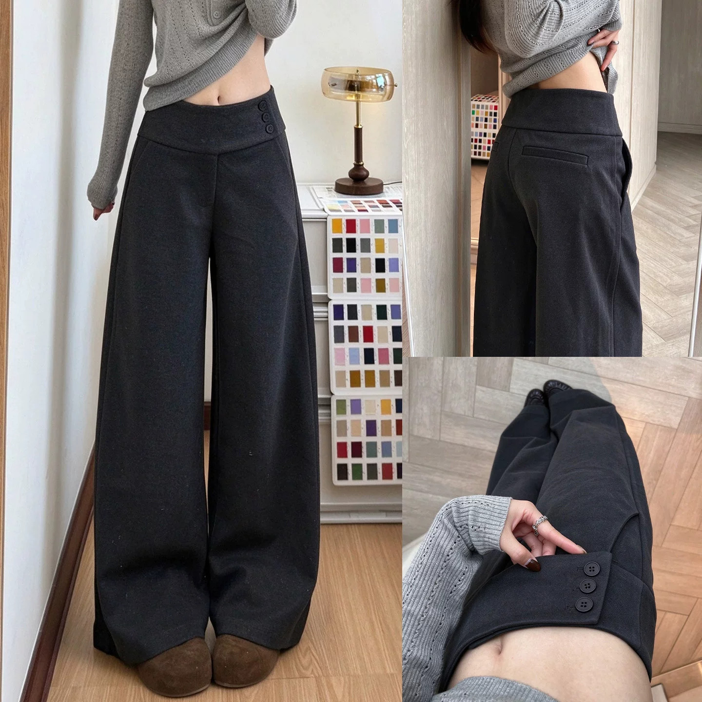 复古毛呢纽扣阔腿裤女秋季高腰显瘦美拉德风松弛感休闲直筒裤