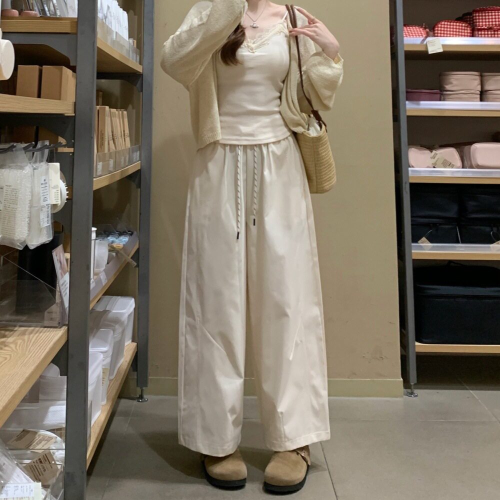 松紧腰抽绳休闲裤女春夏季2026新款运动宽松显瘦阔腿九分直筒裤子