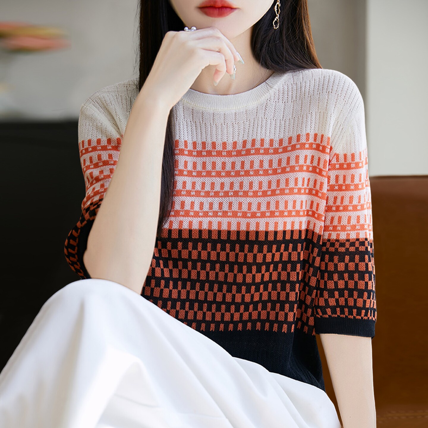2026新款条纹镂空针织短袖t恤女夏季薄款冰丝针织衫大码女装上衣