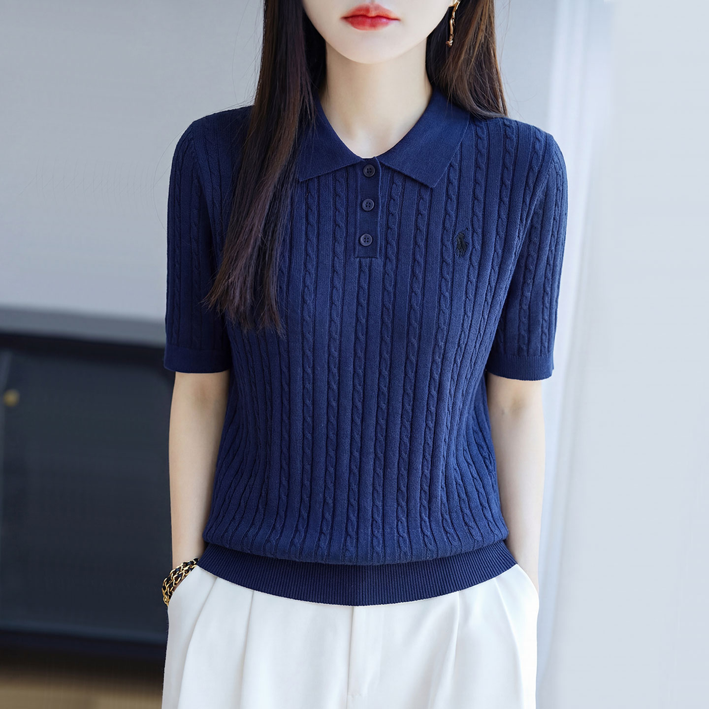 翻领桑蚕丝短袖t恤上衣女