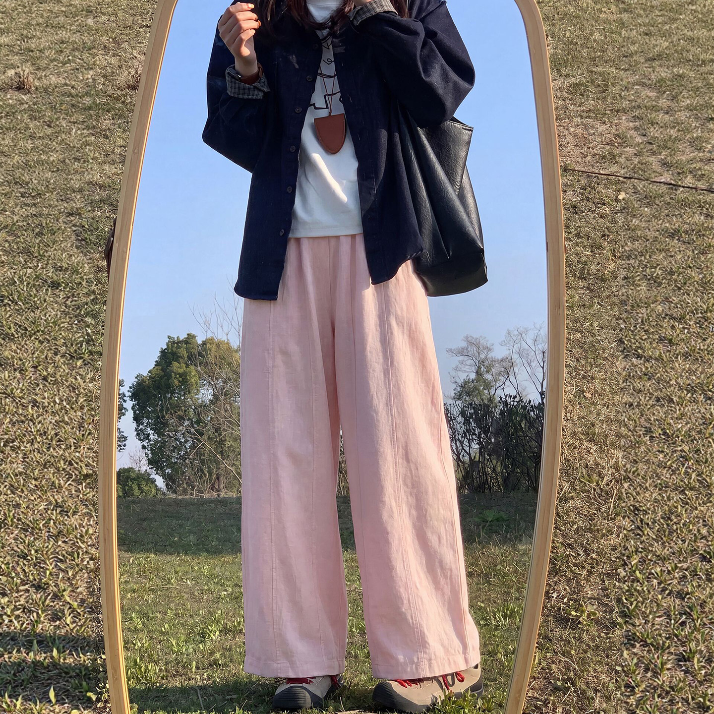 粉色亚麻弯刀裤女夏季薄款小个子九分棉麻气球裤天丝休闲阔腿裤子
