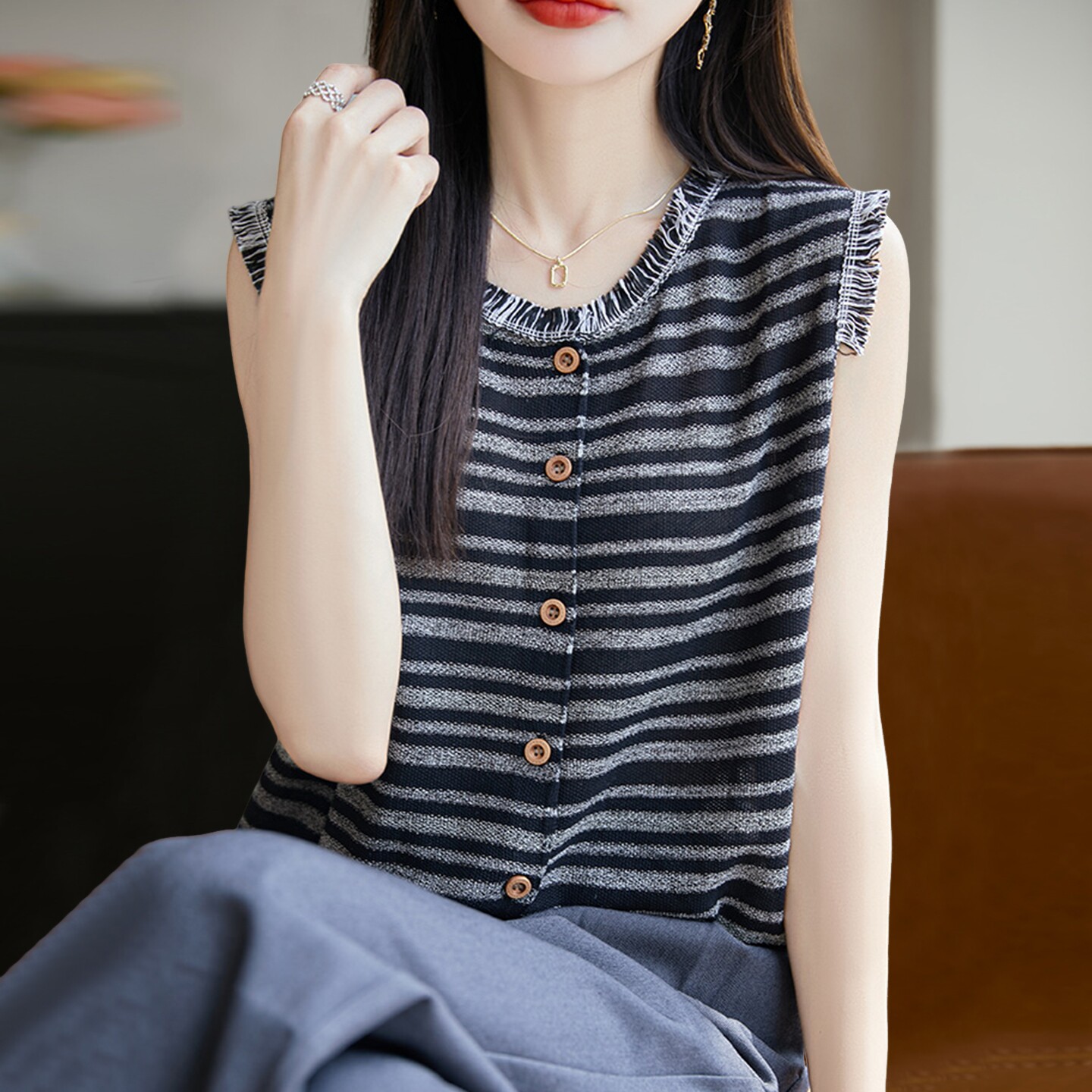 2026新款条纹撞色针织短袖t恤女夏季薄款冰丝针织衫大码女装上衣
