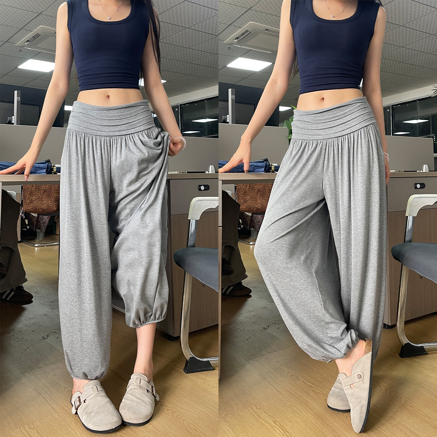 灰色褶皱束脚灯笼裤女夏季潮流新款慵懒随性九分裤瑜伽健身运动裤