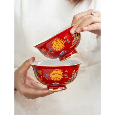 中式景德镇龙凤改口敬茶杯喜碗结婚对碗一对陪嫁碗筷套装送新人婚